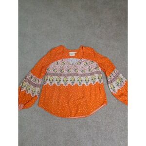 Maeve by Anthropologie Orange Floral Mixed Print Bishop Sleeve Blouse Large